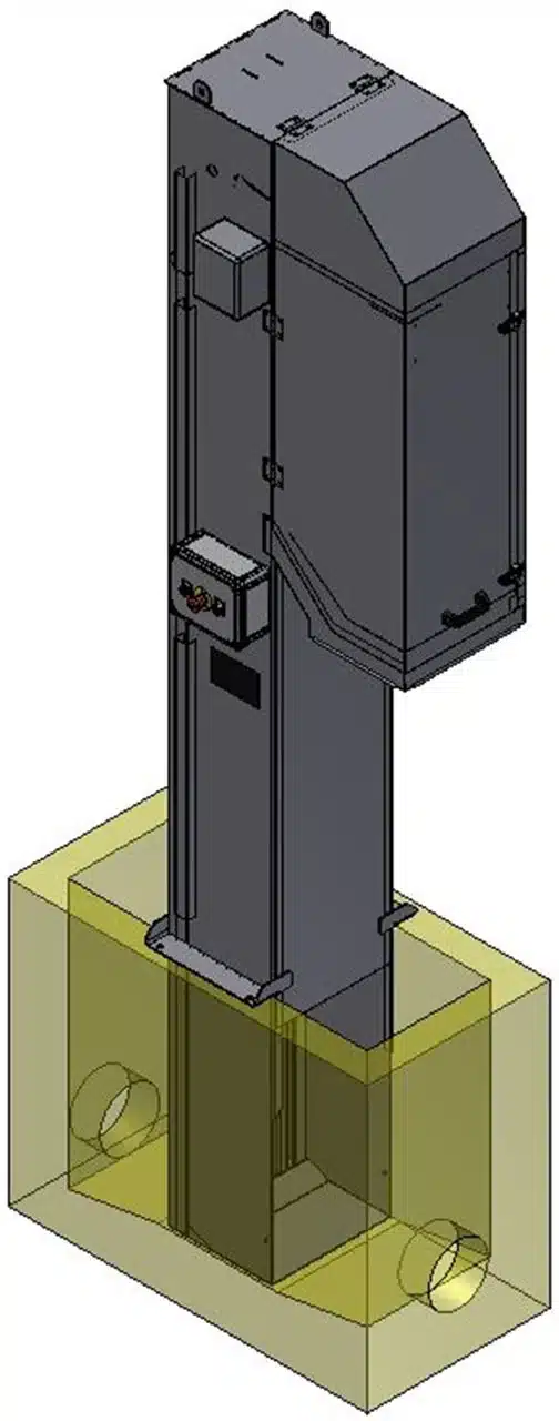 Vue 3D de l'implantation d'un dégrilleur dans un canal